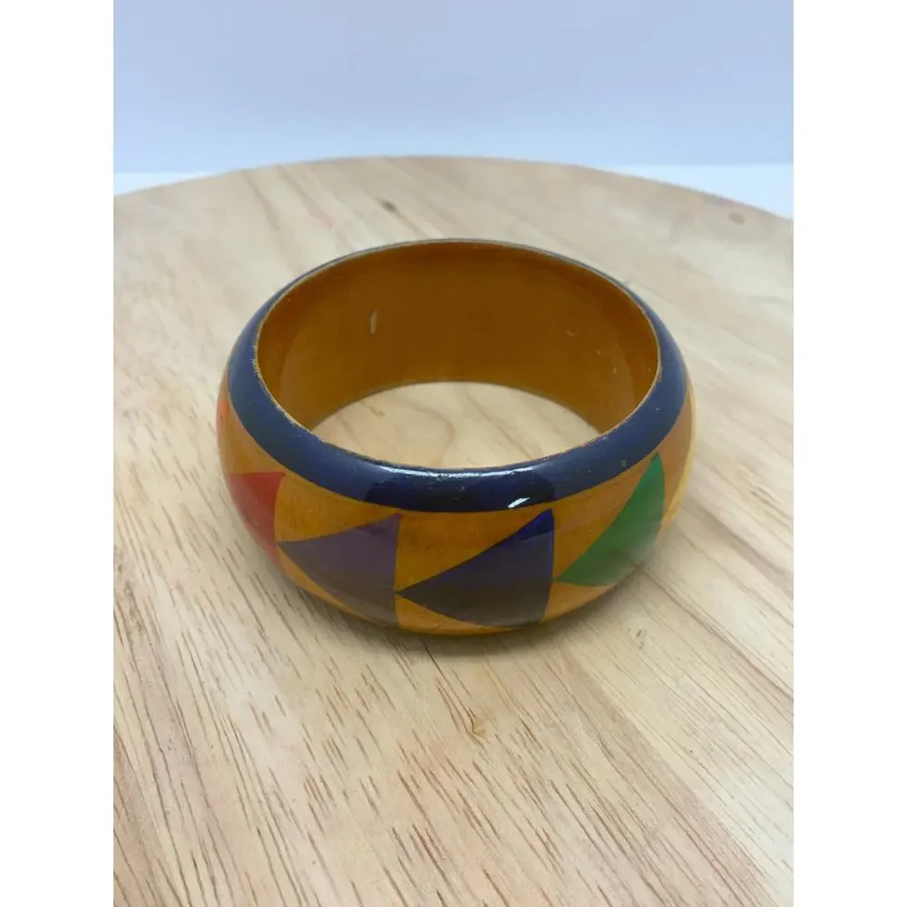 Vintage Wide Wooden Bangle Bracelet | Hand Painted Geometric Boho Bracelet
